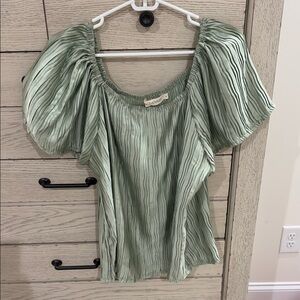 Green Puff Sleeve Blouse with Ruched and Ruffled Details
